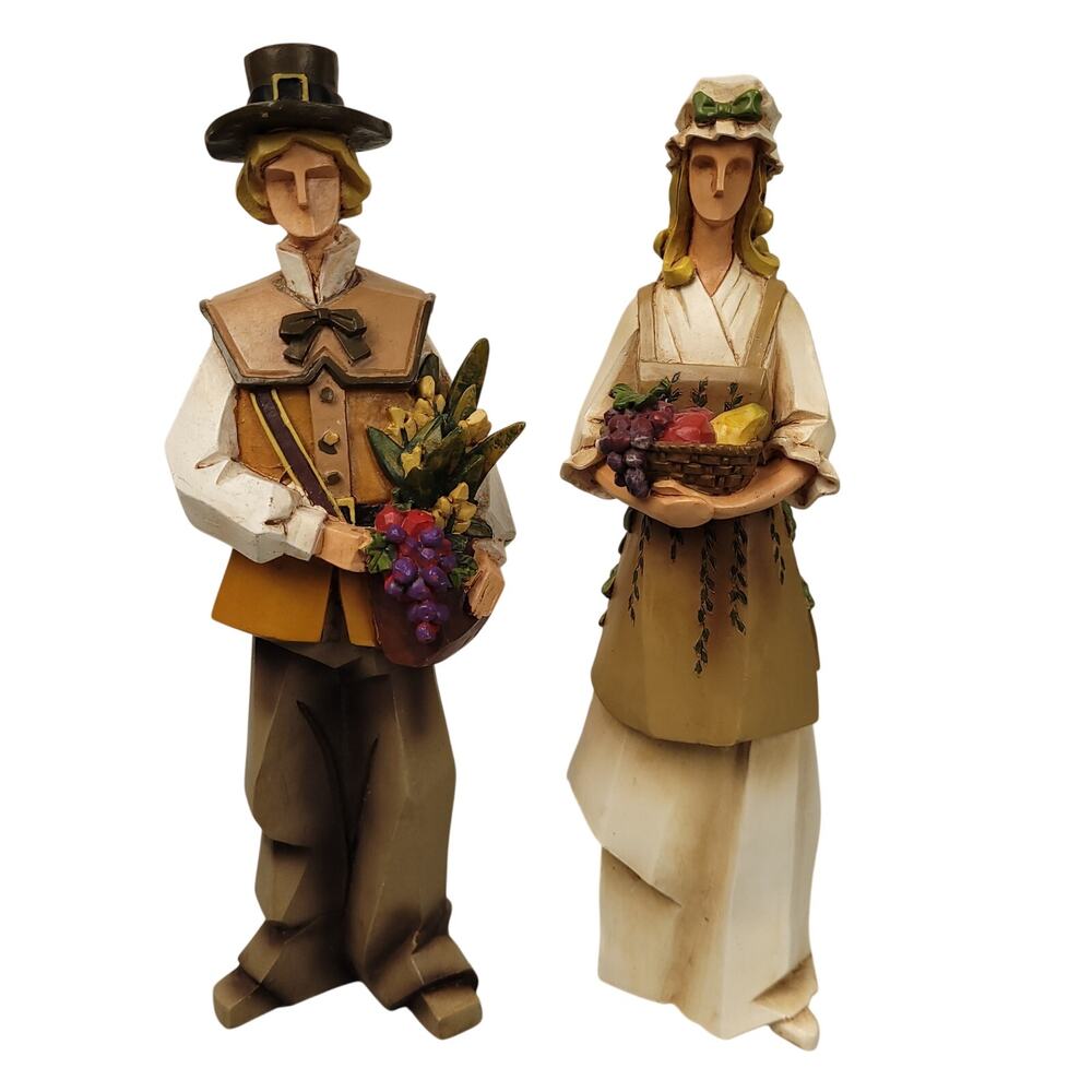 Vintage Pacific Rim Cubist Thanksgiving Harvest Pilgrim Man & Woman 9" Figurines